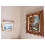 2 paintings beach scene river scene