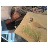 many vintage pillows bird needlepoint