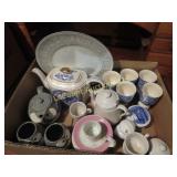 assorted teapots cups saucers platter owls