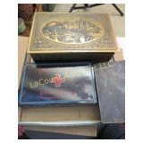 metal & wood boxes w contents playing cards
