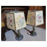 pr vintage table lamps brass base floral shades