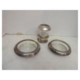 2 sterling rimmed coasters & toothpick holder