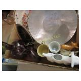 cow creamer & figure pewter platter bottles