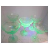 5 green depression uranium glass stemware