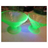 2 green depression uranium glass sherbets
