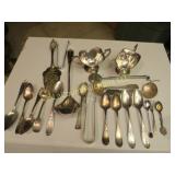 assorted plated & pewter utensils serving pieces