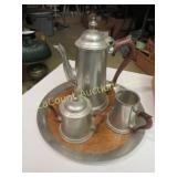 Early American pewter tea coffee set inlaid tray