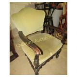 antique wood & upholstered arm chair