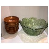 Large plastic salad bowl, small wooden bowls