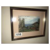 Framed landscape and trash basket