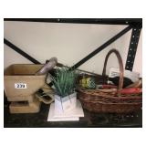 Seeder, faux plant, basket with misc