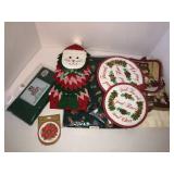 Christmas pot holders, table cloths, misc