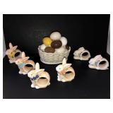 6 porcelain bunny napkin rings and eggs on nest