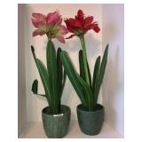 2 pottery planters with faux flowers 28in tall
