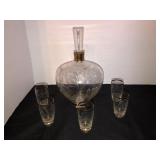 Etched decanter set 9in with gold paint details