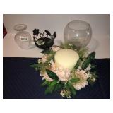 Metal candle holder, round bowl w/arrangement