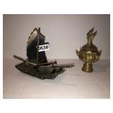 Handcarved shell junk boat, brass buddha jar