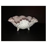 Fenton 3 legged 7-1/2in ruffled white hobnail bowl