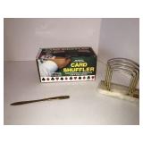 Card shuffler, letter holder and opener