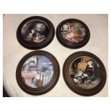 4 cat plates in wooden hanging frames