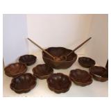 Carved wood salad bowl set