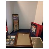Wooden bathroom sign, assorted picture frames