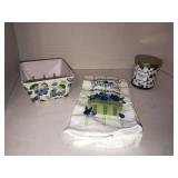 Blueberry hand towel, candle, plastic basket