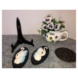 Teapot with pansies, chalk swans, misc
