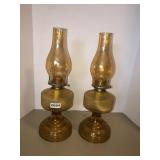 Eagle 18in tall amber glass oil lamps X2