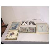 2 cat tiles and other framed pictures