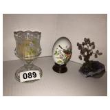 Fenton candleholder, Avon egg, Geode tree decor
