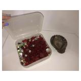 Box of marbles and shell shaped silverplate dish
