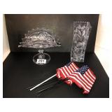 Crystal banana boat and cut glass vase,small flags