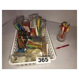 Basket with plastic forks, crystal toothpick, misc