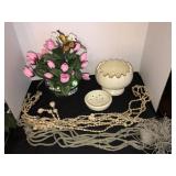 Pottery planter w/flower frog,plant hangers,floral