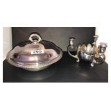 Silverplate casserole w/pyrex insert, candleholder