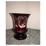 Ruby red 6in etched bird and deer vase Germany