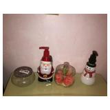 Snowman and Santa soap dispensers, hair receiver