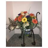 Metal art cat planter 21in with faux flowers