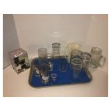 3 goose glasses, coffee cup w/filter, misc