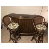 Bamboo rattan cocktail bar w/2 stools