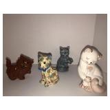 4 assorted cat figurines and planter