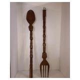 Teak Wood fork and spoon 32in tall elephant detail