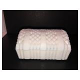 Akro Agate milk glass powder box w/belt buckle