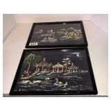 2 japanese acrylic painted framed and signed