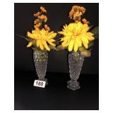 2 crystal 6.5in vases with faux flowers