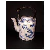 Vintage 9in chinese white and blue dragon teapot