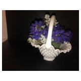 7in white hobnail Fenton basket w/faux violets