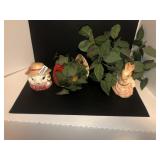 Bunny and turkey plant holders and faux greenery