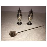 Silverplate 1927 salt n peppers, Bermuda spoon